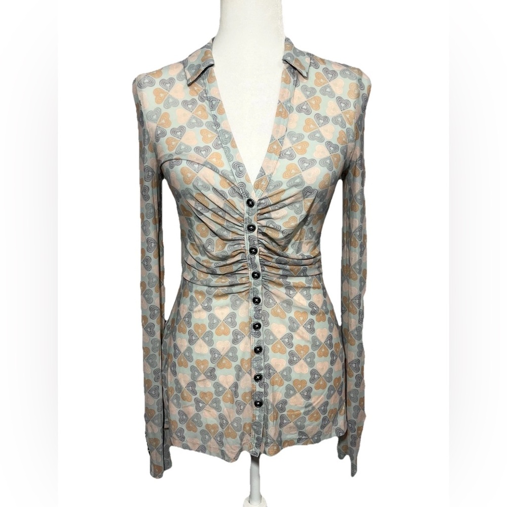 Free People Size XS Mesh Sheer Top Button Front Heart Print Stretch NWOT - Picture 2 of 9